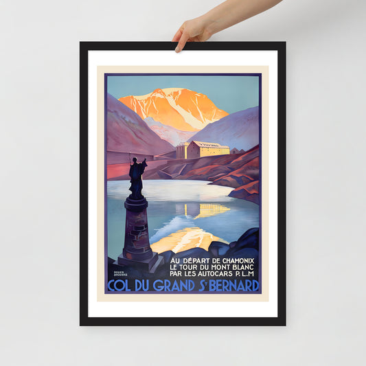 Mont Blanc Col du St Bernard, vintage French travel poster, framed (cm)