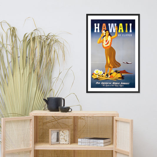 Hawaii by Clipper, Pan American World Airways vintage travel poster, USA, framed (cm)