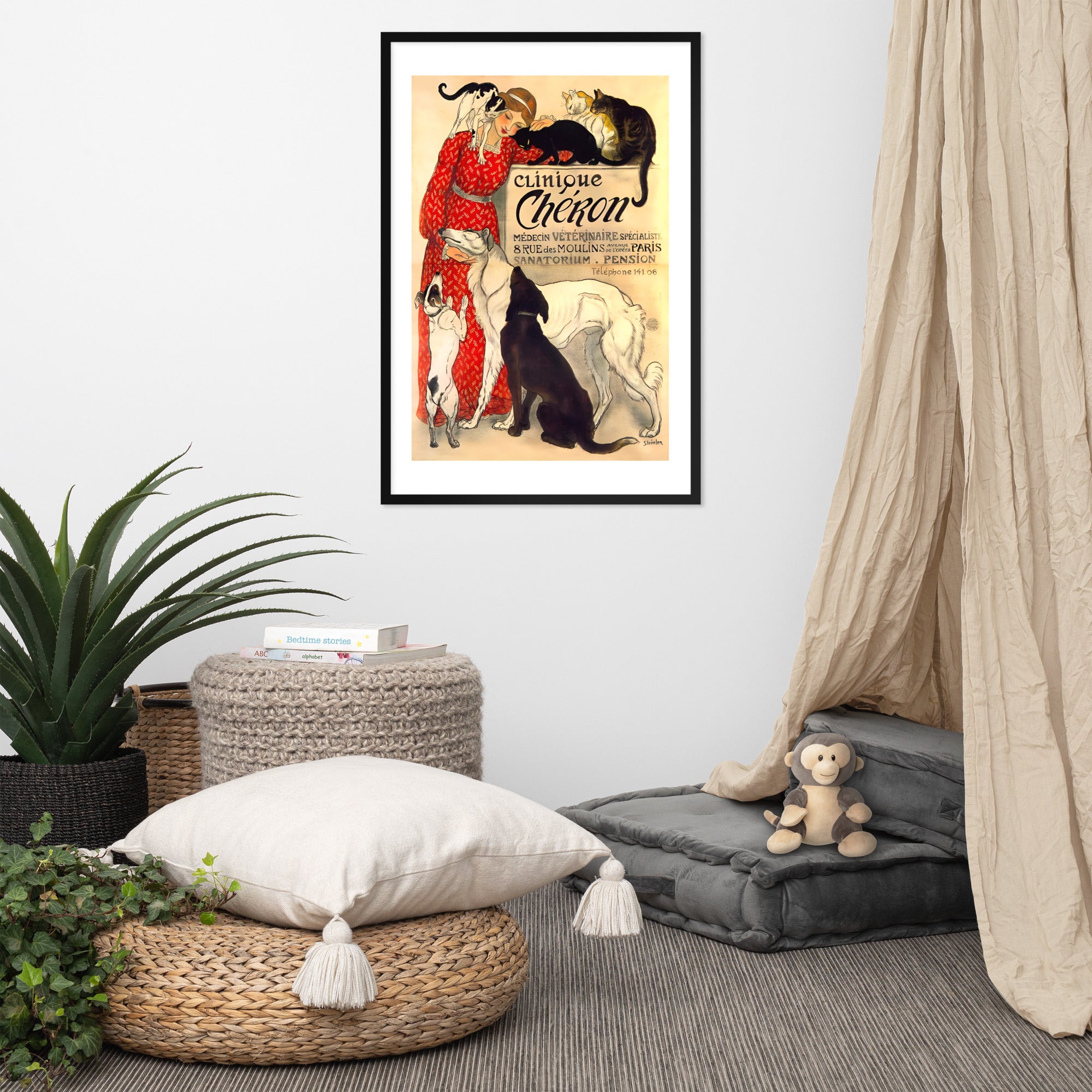 Clinique Cheron Paris cat and dog poster, framed (cm)