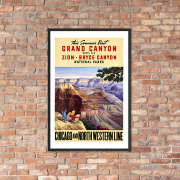 Grand Canyon, Zion, Bryce Canyon National Parks, Chicago and North Western Line, vintage travel poster, USA, framed (cm)