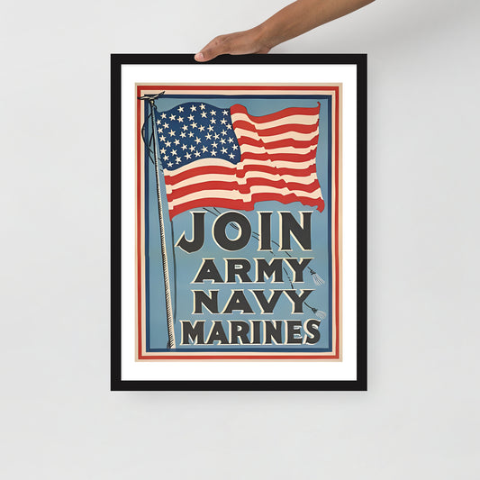 Join Army, Navy, Marines USA vintage military poster, framed (inches)