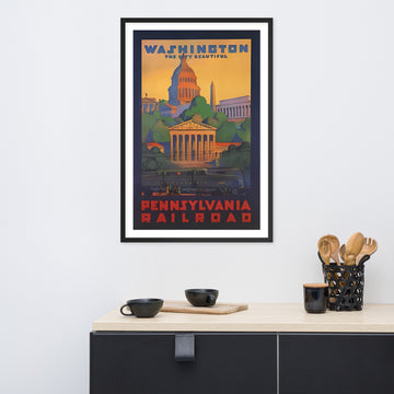 Washington DC, The City Beautiful, Pennsylvania Railroad vintage travel poster, USA, framed (inches)