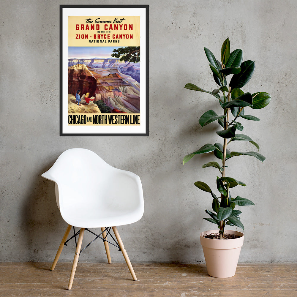 Grand Canyon, Zion, Bryce Canyon National Parks, Chicago and North Western Line, vintage travel poster, USA, framed (inches)