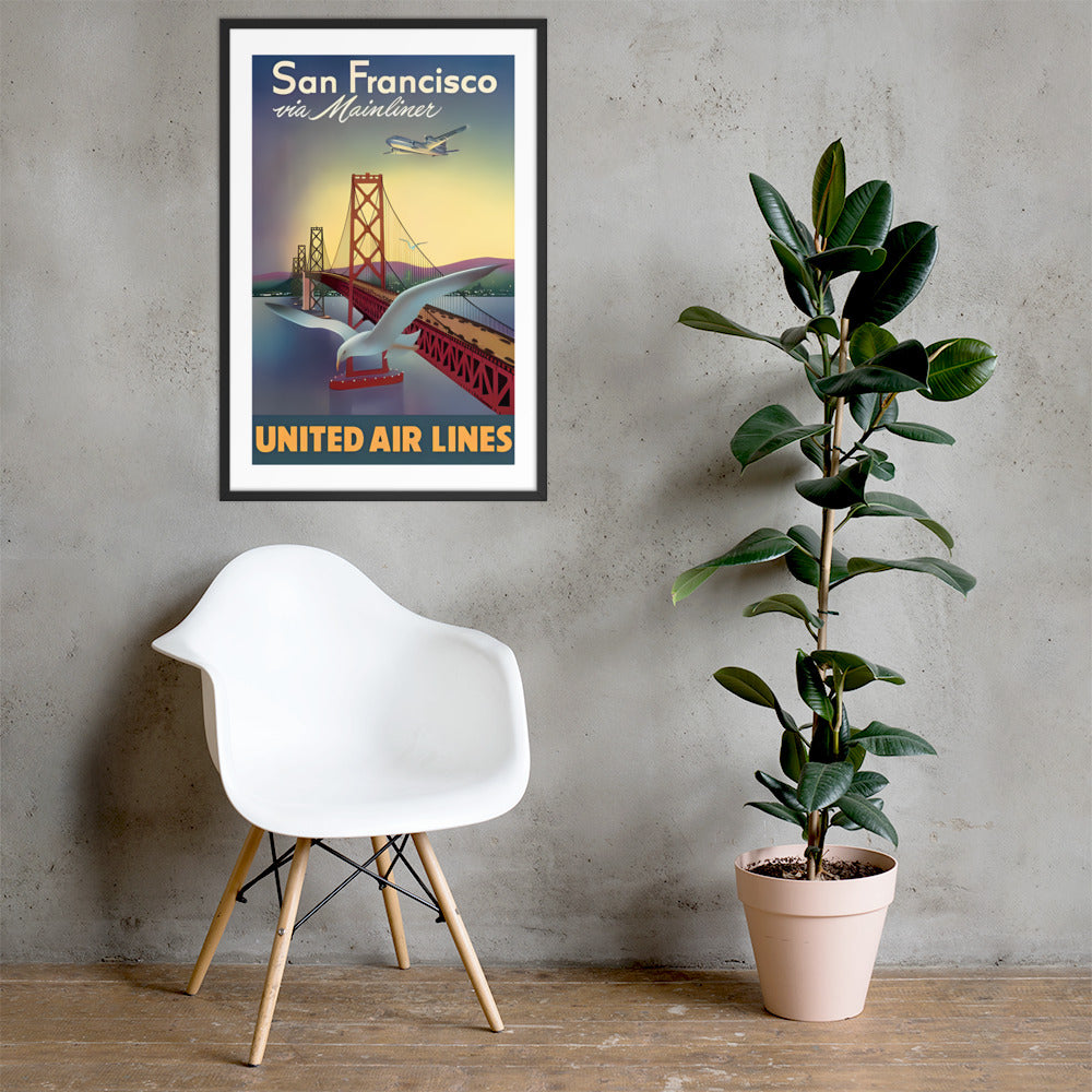 San Francisco via Mainliner United Air Lines, vintage US travel poster, framed (inches)