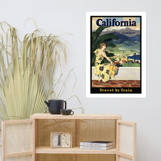California this Summer, Travel by Train, vintage US travel poster (cm)
