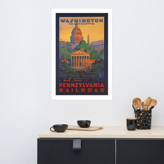 Washington DC, The City Beautiful, Pennsylvania Railroad vintage travel poster, USA (inches)